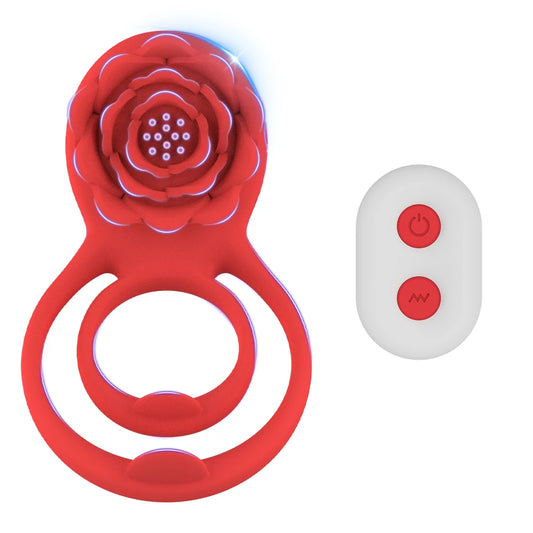 Rose Vibrating Cock Ring – Dual Ring with Clitoral Stimulator, 7 Vibration Modes, Waterproof Silicone Couples Sex Toy