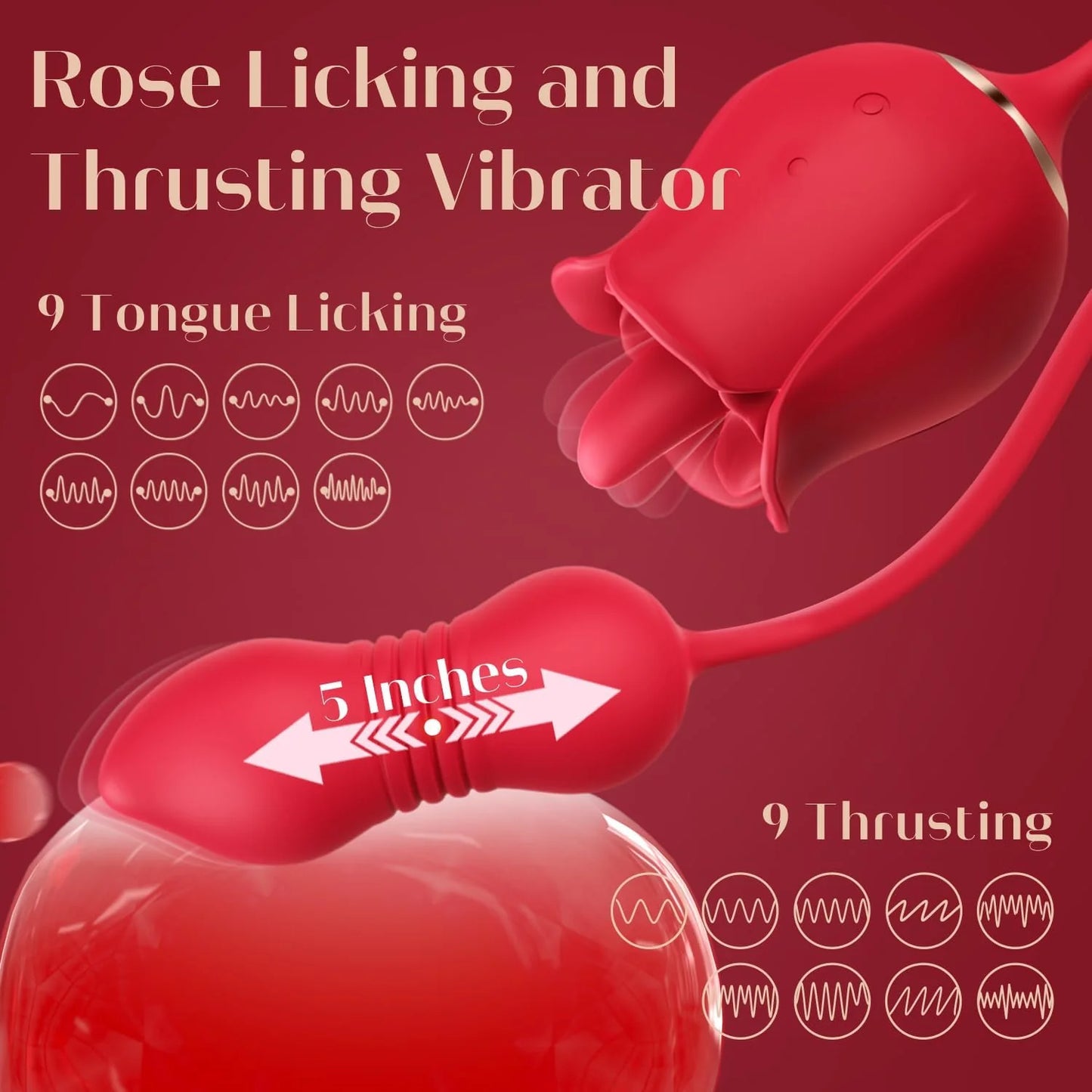 3-in-1 Rose Vibrator with Tongue Licking, Thrusting Dildo & Powerful Vibration – Waterproof, Hands-Free, Body-Safe Silicone