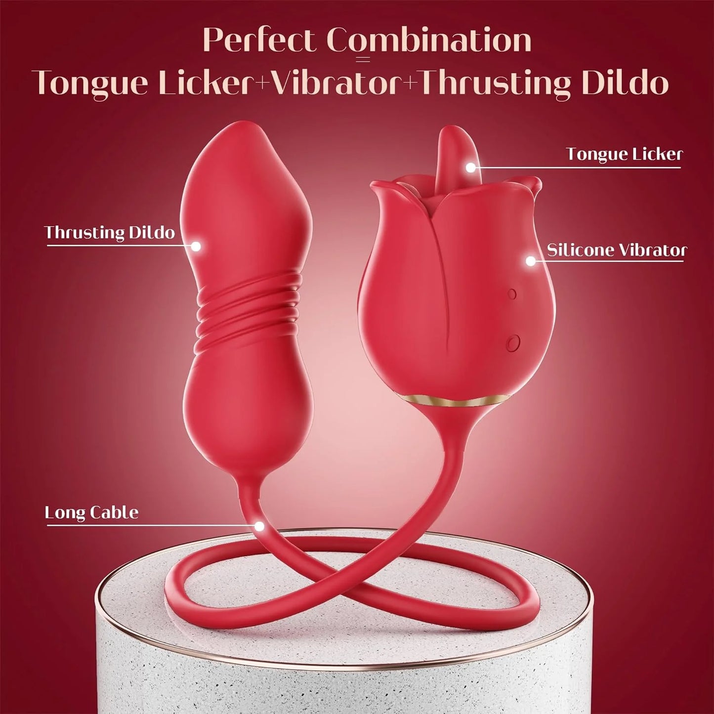 3-in-1 Rose Vibrator with Tongue Licking, Thrusting Dildo & Powerful Vibration – Waterproof, Hands-Free, Body-Safe Silicone