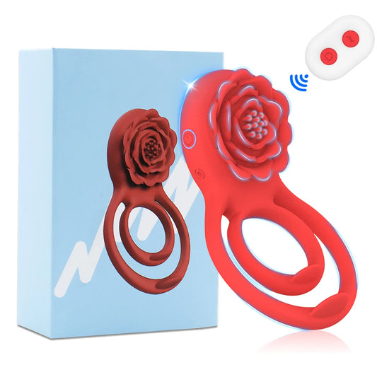 Rose Vibrating Cock Ring – Dual Ring with Clitoral Stimulator, 7 Vibration Modes, Waterproof Silicone Couples Sex Toy