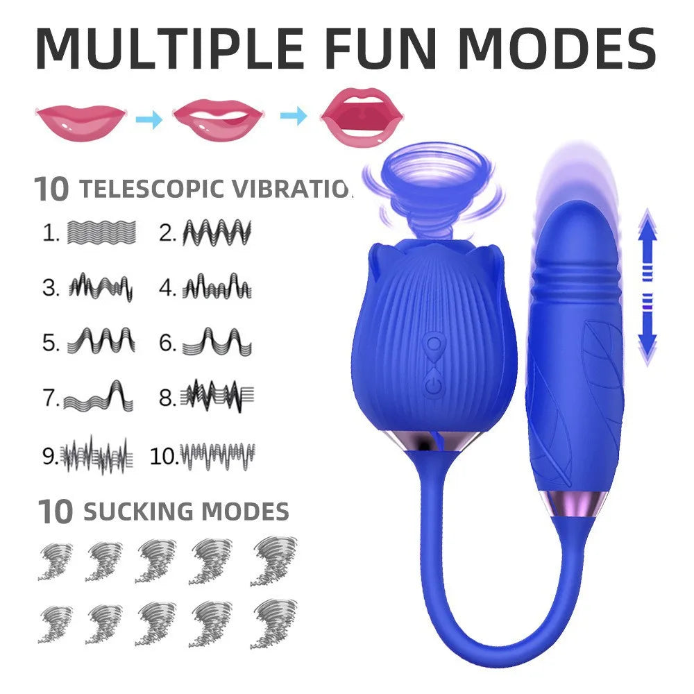 2-in-1 Rose Licking Vibrator – Thrusting Dildo & Clitoral Nipple Stimulator for Women